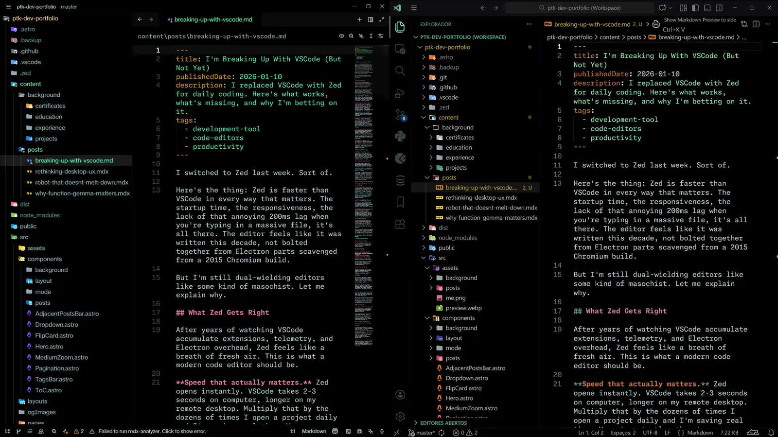 Zed (Right) and Vscode (Left) side by side